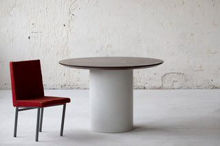 Minimalistic design cylinder base dining table. Natural oak table top, concrete table base 2