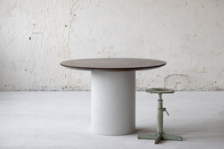 Minimalistic design cylinder base dining table. Natural oak table top, concrete table base 3